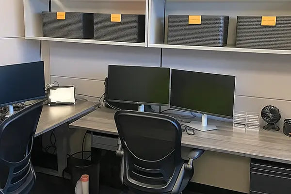Modern office setup with multiple computer monitors on a desk, shelves with storage baskets, and office chair.