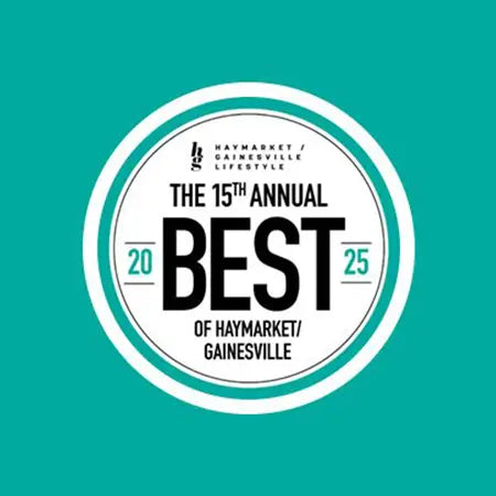 Badge for 'The 15th Annual Best of Haymarket/Gainesville' on a teal background