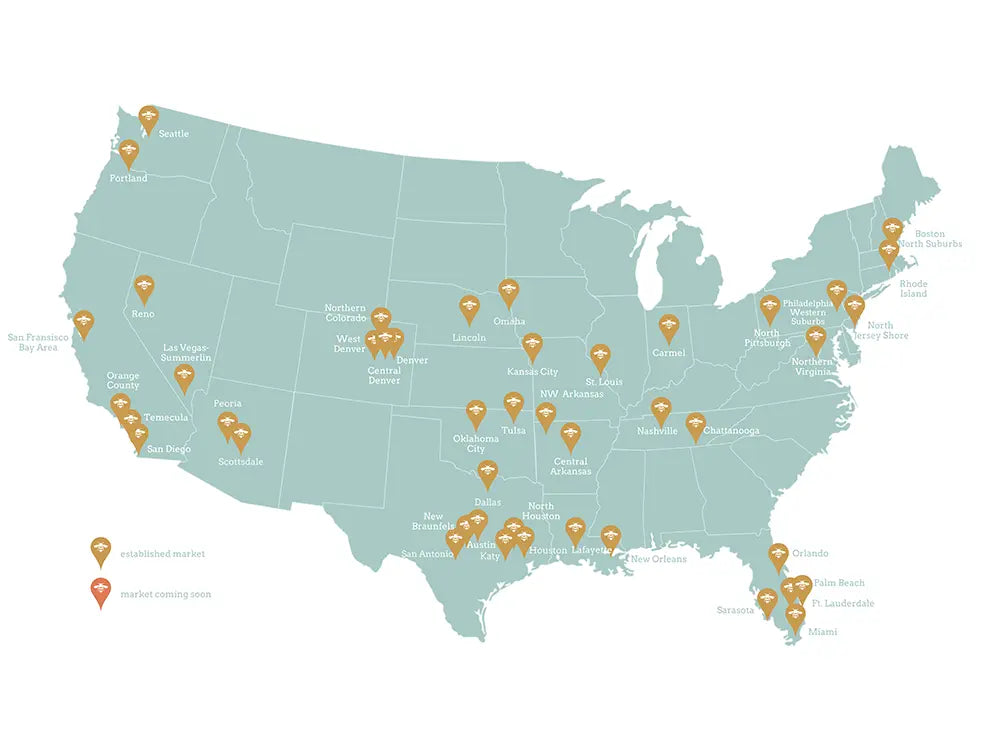 Map of the United States with markers indicating Bee Organized locations