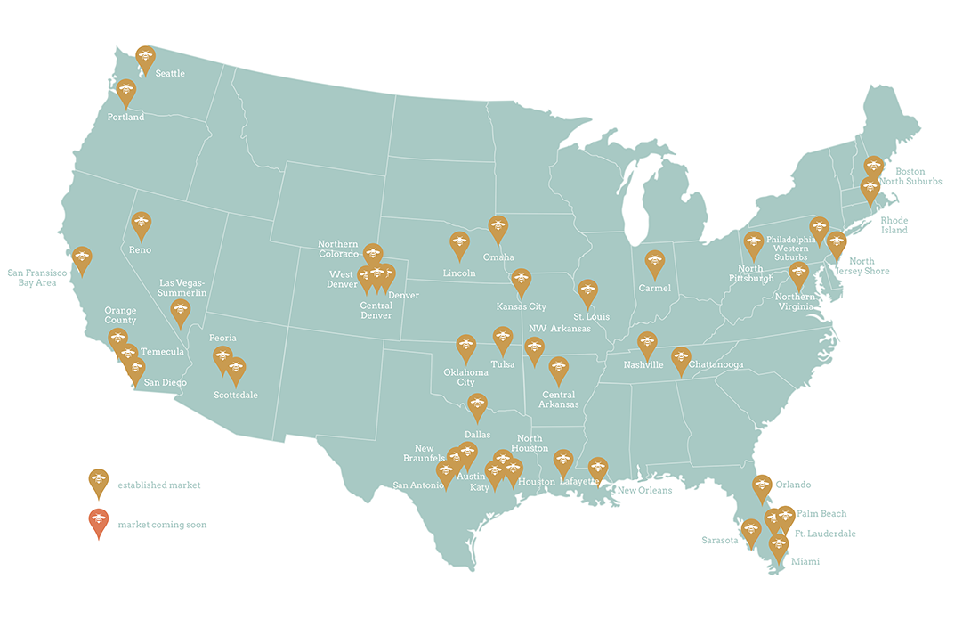 Map of the United States with markers indicating Bee Organized locations